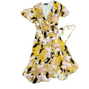 Slate‎ & Willow Yellow Floral Print Wrap Midi Dress Short Sleeve Tie Waist Small